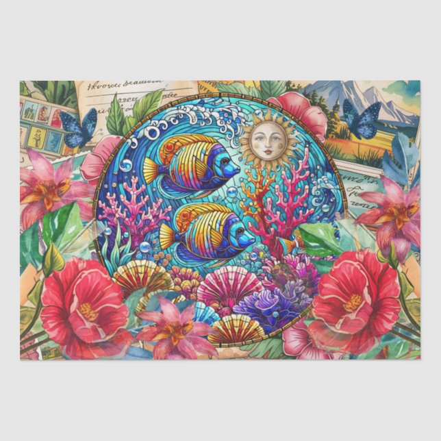 Papel De Seda Vidro Colorido Tropical Peixe Decoupage (Frente )