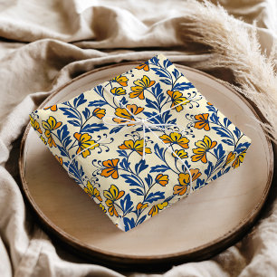 Papel De Seda Vintage Amarelo Laranja Folclórico Floral Azul Fol