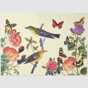 Papel De Seda Vintage Art Yel. Pássaros Flores Pale Yel. Dissoci