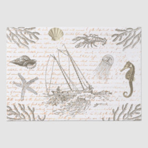 Papel De Seda Vintage Beige Marine Life on Antique Script