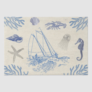 Papel De Seda Vintage Blue Beige Marine Life on Antiique Paper