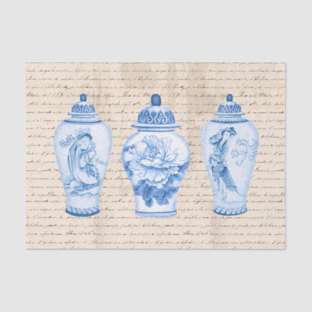 Papel De Seda Vintage Blue Chinoiserie Ginger Jars Decoupage (Frente )