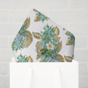 Papel De Seda Vintage Blue e Dourado Floral