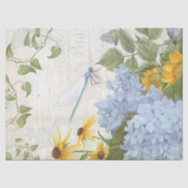 Papel De Seda Vintage Blue Floral Sunflower W Dragonfly N Script