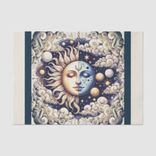 Papel De Seda Vintage Celestial Half Sun e Moon Blue Yellow