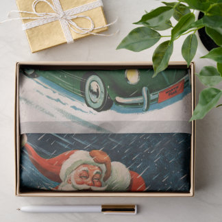 Papel De Seda Vintage Christmas, Santa Claus in a Cute Car