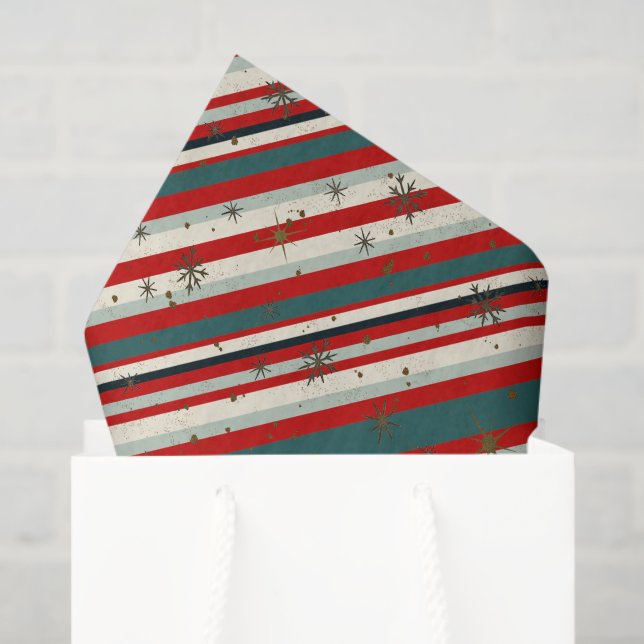 Papel De Seda Vintage Christmas Snowflake Speckled Stripes (Sacola de presentes)