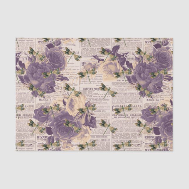 Papel De Seda Vintage Ephemera Floral Dragonfly (Frente )