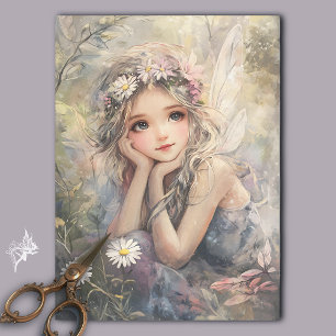 Papel De Seda Vintage Fada Arte com Coroa Flor e Estrelas