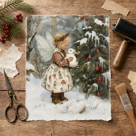 Papel De Seda Vintage Fairy e Bunny por árvore de Natal em neve