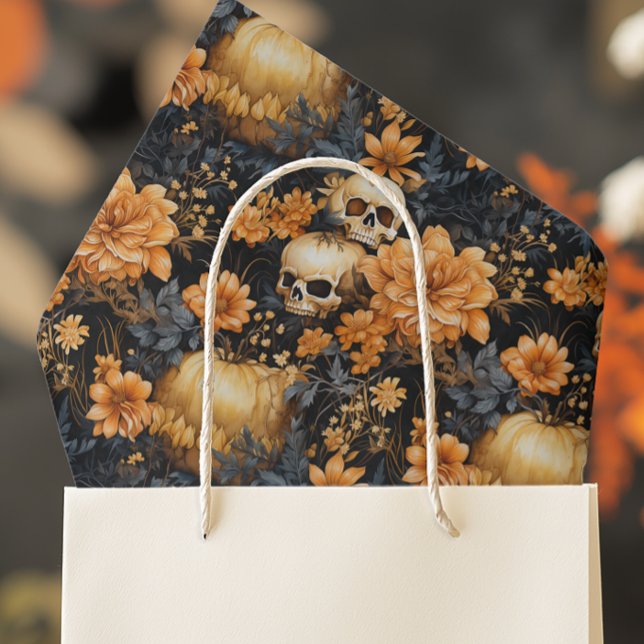 Papel De Seda Vintage Floral Skull Halloween (Spooky Floral Halloween Tissue Paper)