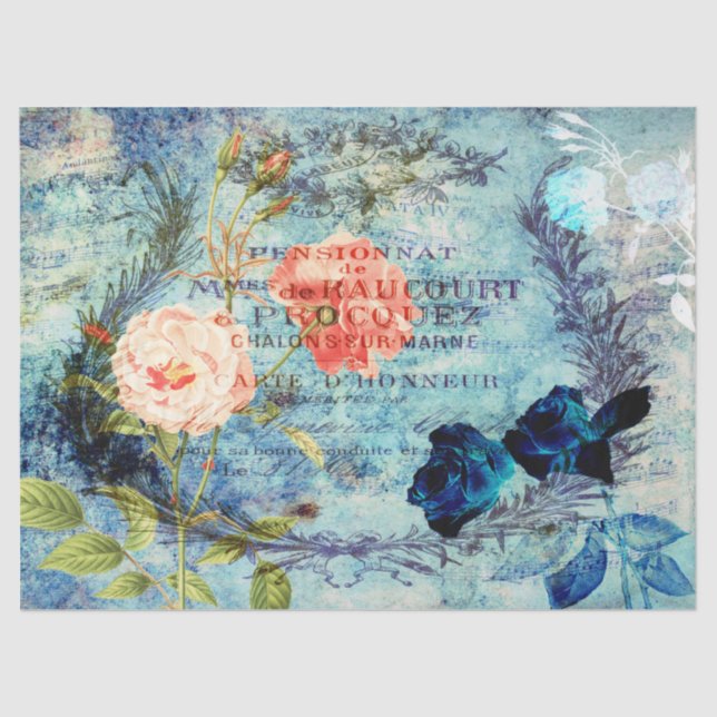 Papel De Seda Vintage French Rosas Blue Decoupage (Frente )