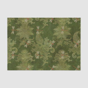 Papel De Seda Vintage Green Damask Floral Orange Dragonlies