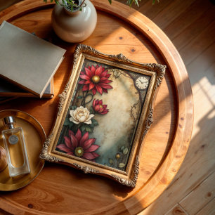 Papel De Seda Vintage Grunge Floral, Vidro Estreito Vermelho e C