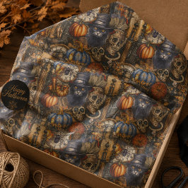 Papel De Seda Vintage Halloween Gato Preto Caveiras Abóboras Gót