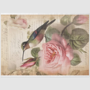 Papel De Seda Vintage Hummingbird e Rosas Rosa Decoupage