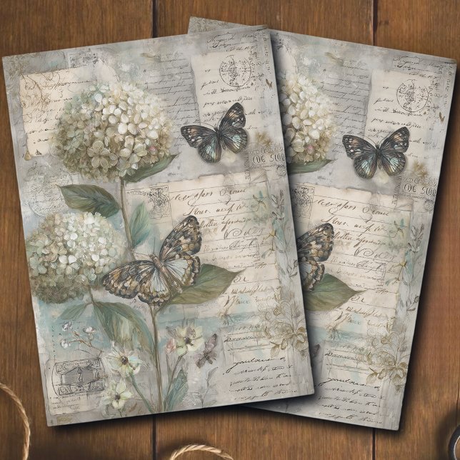 Papel De Seda Vintage Hydrangea & Butterfly Ephemera Decoupage (Criador carregado)