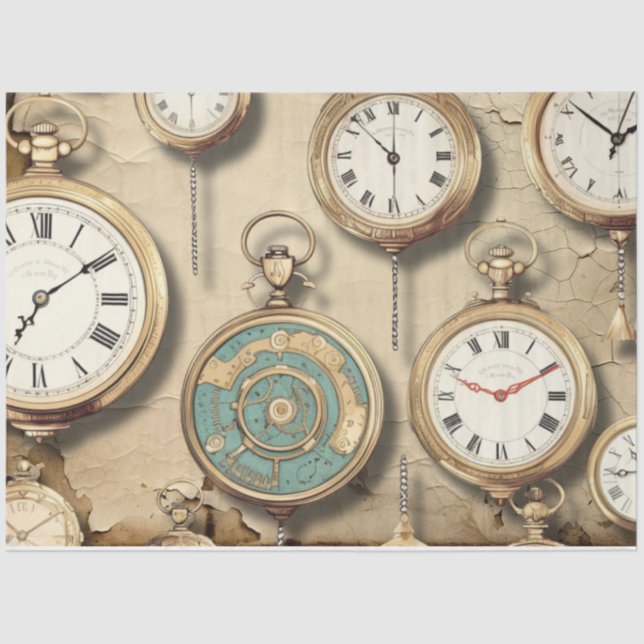 Papel De Seda Vintage Industrial Steampunk Clocks (Frente )