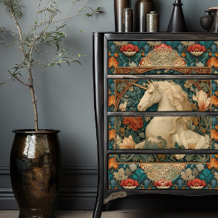 Papel De Seda Vintage Jade E Dourada Art Nouveau Unicorn