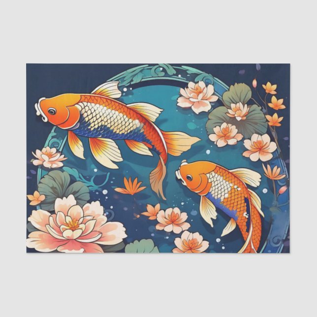 Papel De Seda Vintage Koi Fish no Indigo (Frente )