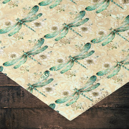 Papel De Seda Vintage Olhe Dragonfly Verde e Flores em Tan