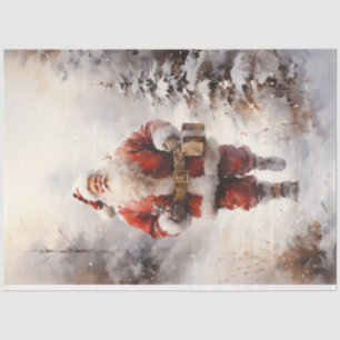 Papel De Seda Vintage Papai Noel caminhando na floresta nevada