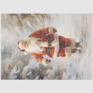 Papel De Seda Vintage Papai Noel caminhando na floresta nevada