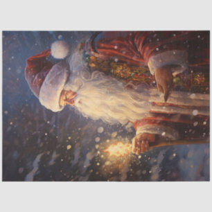 Papel De Seda Vintage Papai Noel em floresta nevada com luz