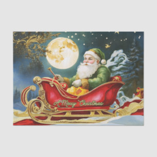 Papel De Seda Vintage Papai Noel em Sleigh, Lua cheia, Estrelas