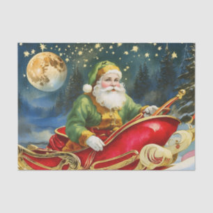 Papel De Seda Vintage Papai Noel em Sleigh, Lua Ouro, Estrelas