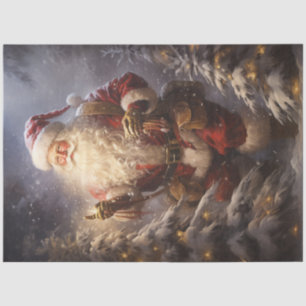 Papel De Seda Vintage Papai Noel na floresta noturna de neve