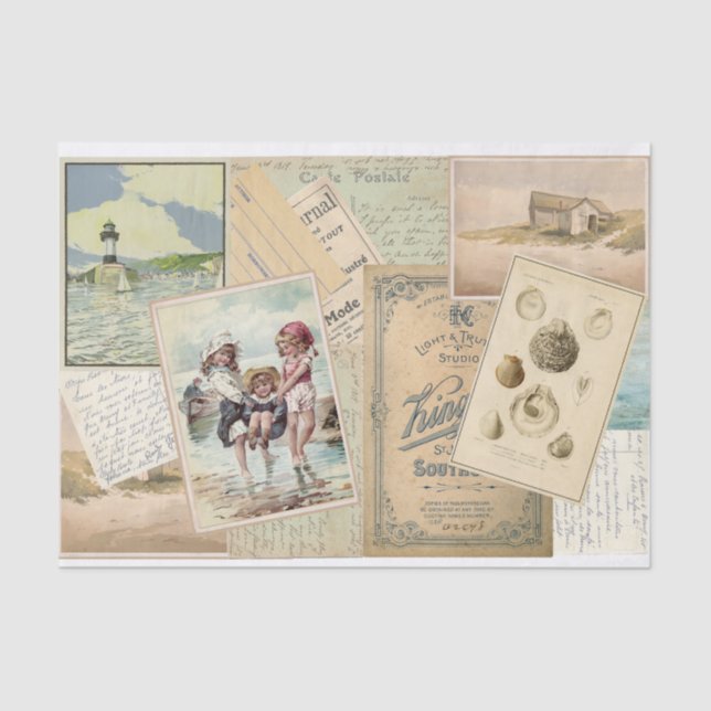 Papel De Seda Vintage Postcard Seaside Beach Collage (Frente )