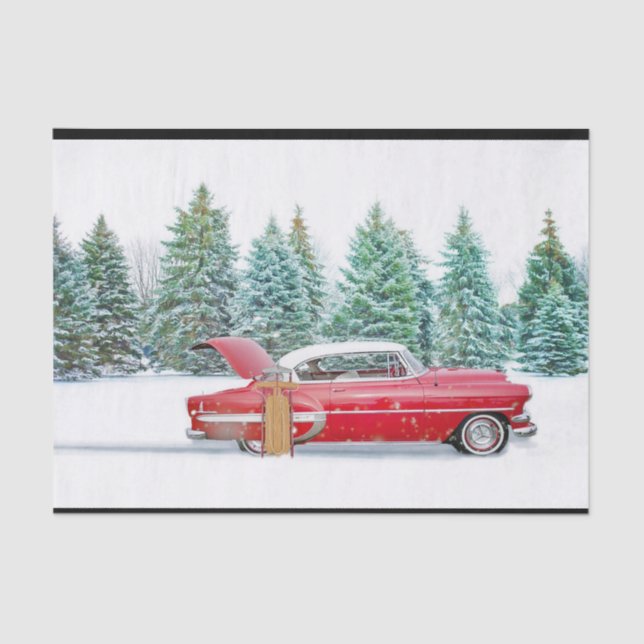 Papel De Seda Vintage Red Car Sled Snow (Frente )