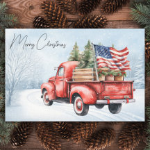 Vintage Red Christmas Truck USA Flag Patriotic
