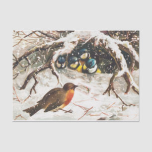 Papel De Seda Vintage reproduzindo pássaros no Natal da neve