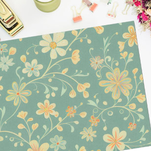 Papel De Seda Vintage Retro Sage Yellow Meio século Floral