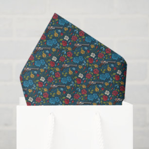Papel De Seda Vintage Revolver Floral Com Rosa Azul Escuro