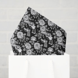 Papel De Seda Vintage Revolver Ilustração Floral Preta Branca