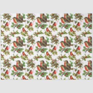 Papel De Seda Vintage Robin Bird Holly Berries Winter