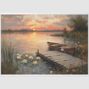 Papel De Seda Vintage Rowboat no Sunset Lake Decoupage