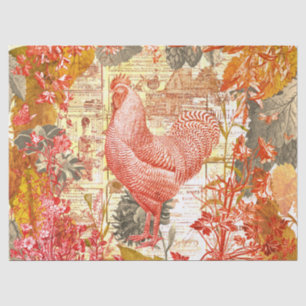 Papel De Seda Vintage Rustic Autumn Yellow Red Rooster Floral