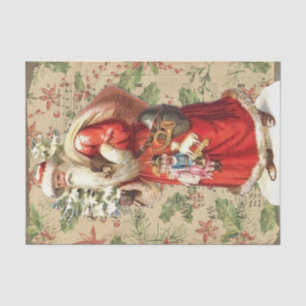 Papel De Seda Vintage Santa Claus Carregando Toys Poinsettia