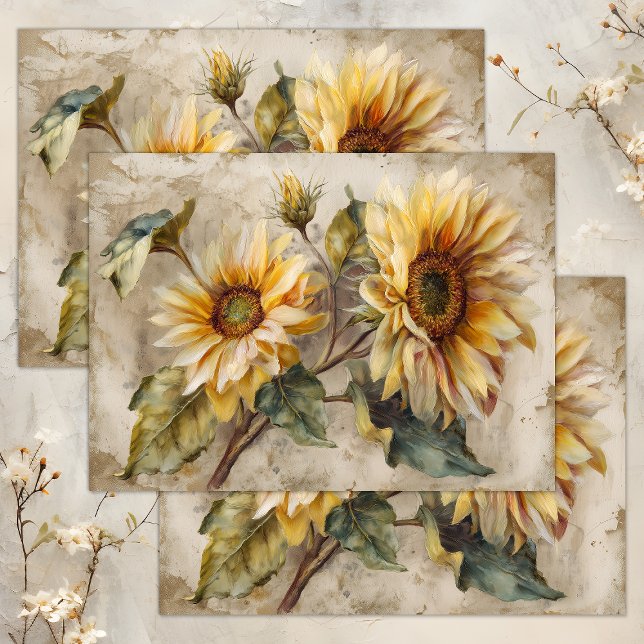 PAPEL DE SEDA VINTAGE SFLOWERS FLORAL DECOUPAMENTO (VINTAGE SUNFLOWERS FLORAL DECOUPAGE TISSUE PAPER)
