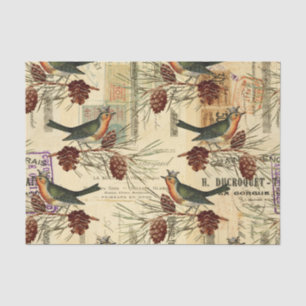 Papel De Seda Vintage Tan Birds Pine Cones Natal