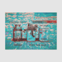 Vintage Teal Beige Rustic Ephemera Art Jugs