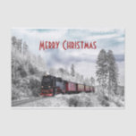 Papel De Seda Vintage Train Winter Christmas Cena<br><div class="desc">Papel tecidular com texto editável que diz Feliz Natal. Ilustrada com uma fotografia de uma paisagem de inverno nevada com pinheiros cobertos de neve. Um trem vermelho,  dourado e preto à moda antiga,  viajando pela natureza selvagem. Conjuga os pensamentos de voltar para casa no Natal.</div>