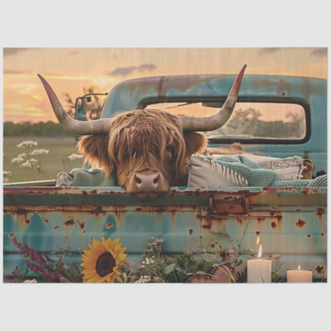 Papel De Seda Vintage Truck Highland Cow Sunflower (Frente )