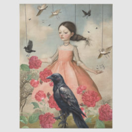 Papel De Seda Vintage Victorian Girl Red Cabbage Roses & Raven