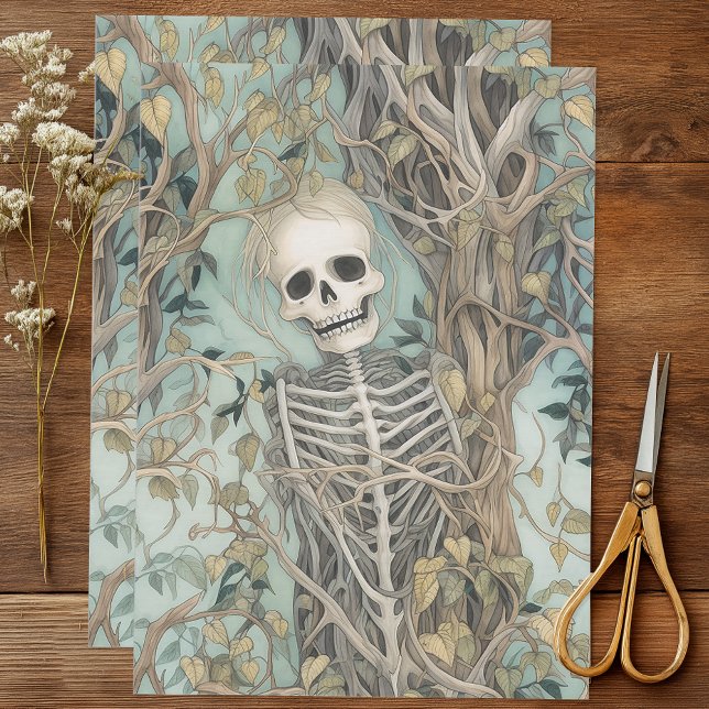 Papel De Seda Vintage Vines e Skeleton (Tissue paper featuring a detailed skeleton entwined with vines and branches)