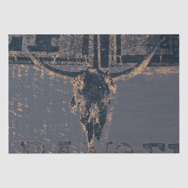 Papel De Seda Vintage Western Bull Cinza Skull (Frente )